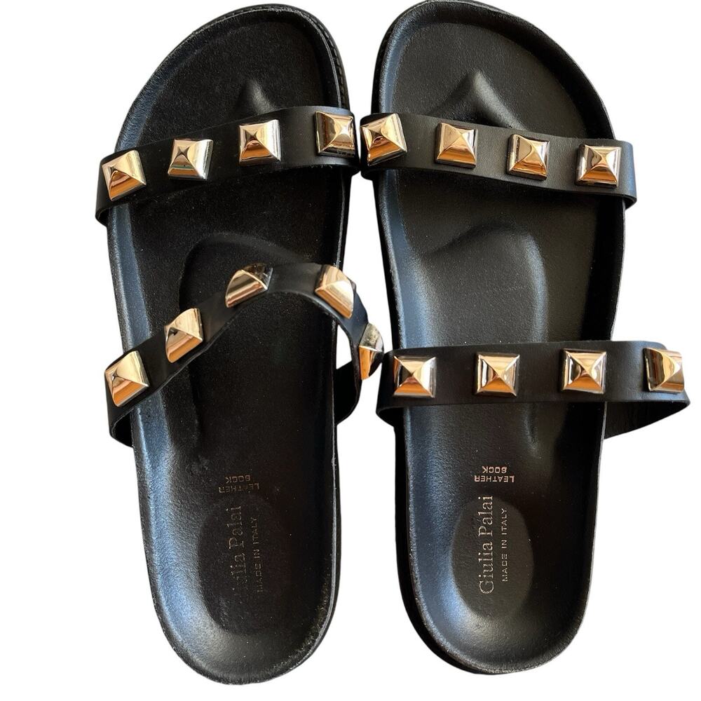 Giulia Palai black slip on sandals with studs, leather sock, made Italy, 8-8.5
